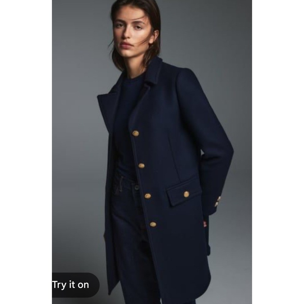 Zara Manteco Navy Blue Wool Blend Military Coat Gold Crest Buttons Small